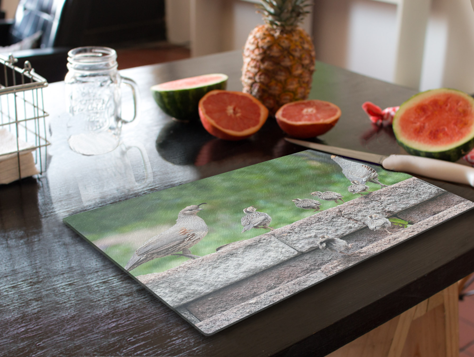 Glass Cutting Board - A Quail Family Outing